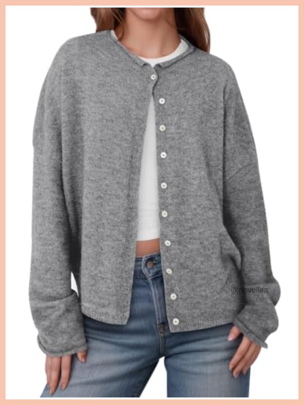 Lightweight Knit Button Up Long Sleeve Cardigan Loose Fit Crew Neck